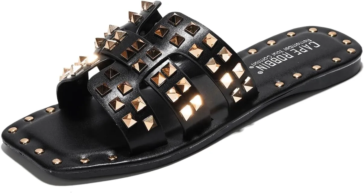 Women's Slide Sandals with Gold Spike Studded Design - Open-Toe Summer Slides for Women, Slip-On Comfortable Sandals for Casual Beach, Pool, or Outfits | Lightweight Trendy Footwear (Amisha)