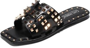 Women's Slide Sandals with Gold Spike Studded Design - Open-Toe Summer Slides for Women, Slip-On Comfortable Sandals for Casual Beach, Pool, or Outfits | Lightweight Trendy Footwear (Amisha)