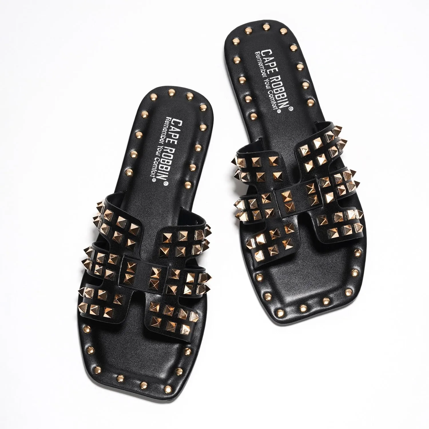 Women's Slide Sandals with Gold Spike Studded Design - Open-Toe Summer Slides for Women, Slip-On Comfortable Sandals for Casual Beach, Pool, or Outfits | Lightweight Trendy Footwear (Amisha)