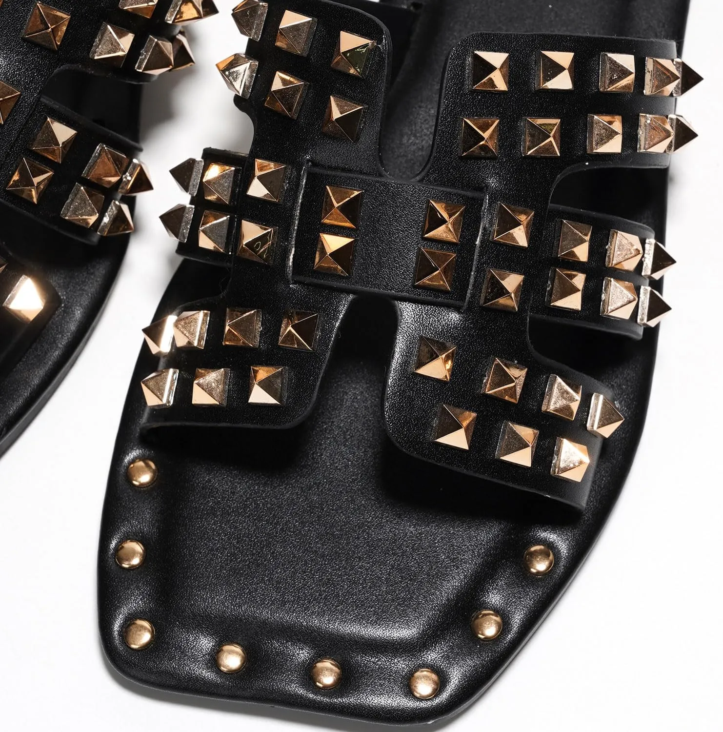Women's Slide Sandals with Gold Spike Studded Design - Open-Toe Summer Slides for Women, Slip-On Comfortable Sandals for Casual Beach, Pool, or Outfits | Lightweight Trendy Footwear (Amisha)