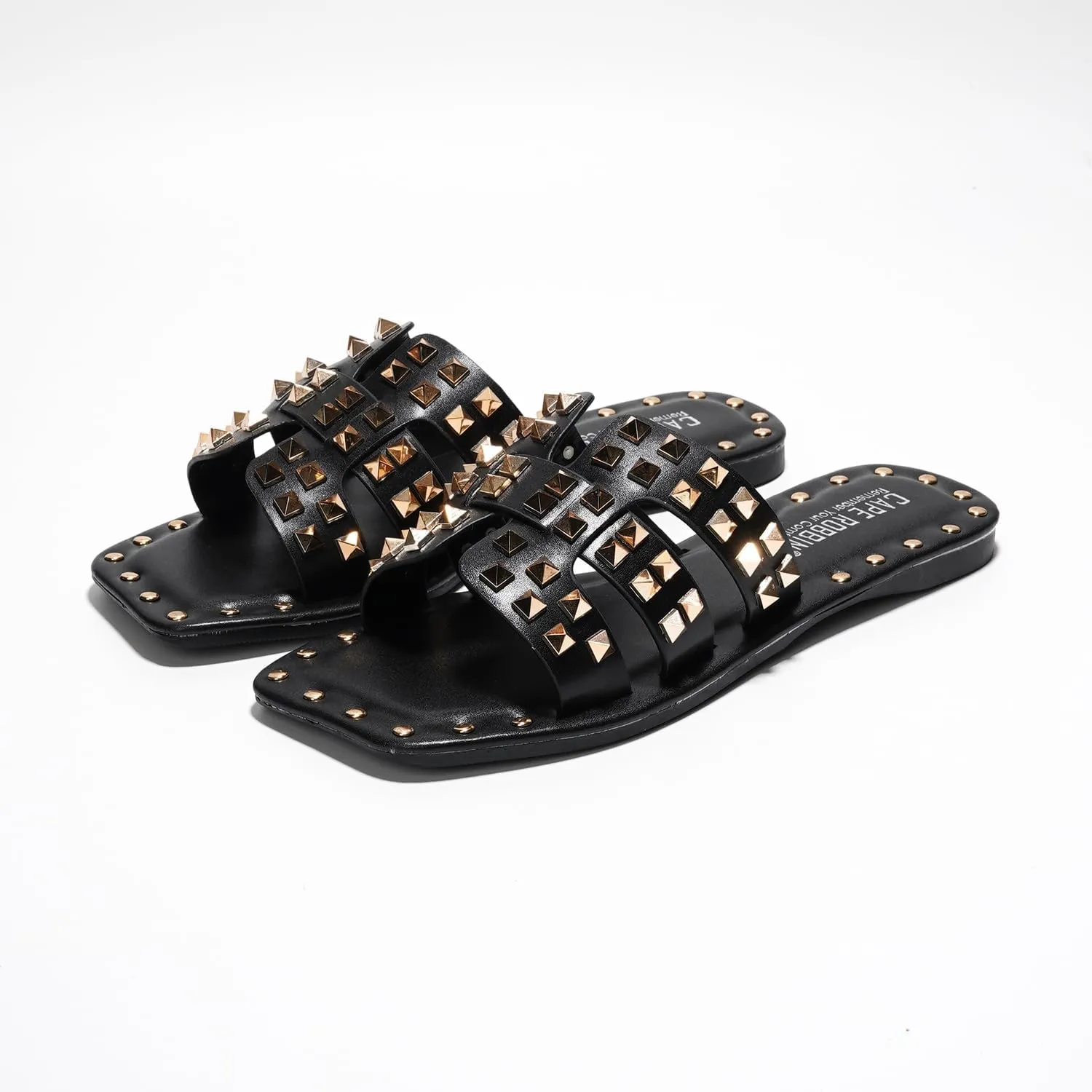 Women's Slide Sandals with Gold Spike Studded Design - Open-Toe Summer Slides for Women, Slip-On Comfortable Sandals for Casual Beach, Pool, or Outfits | Lightweight Trendy Footwear (Amisha)