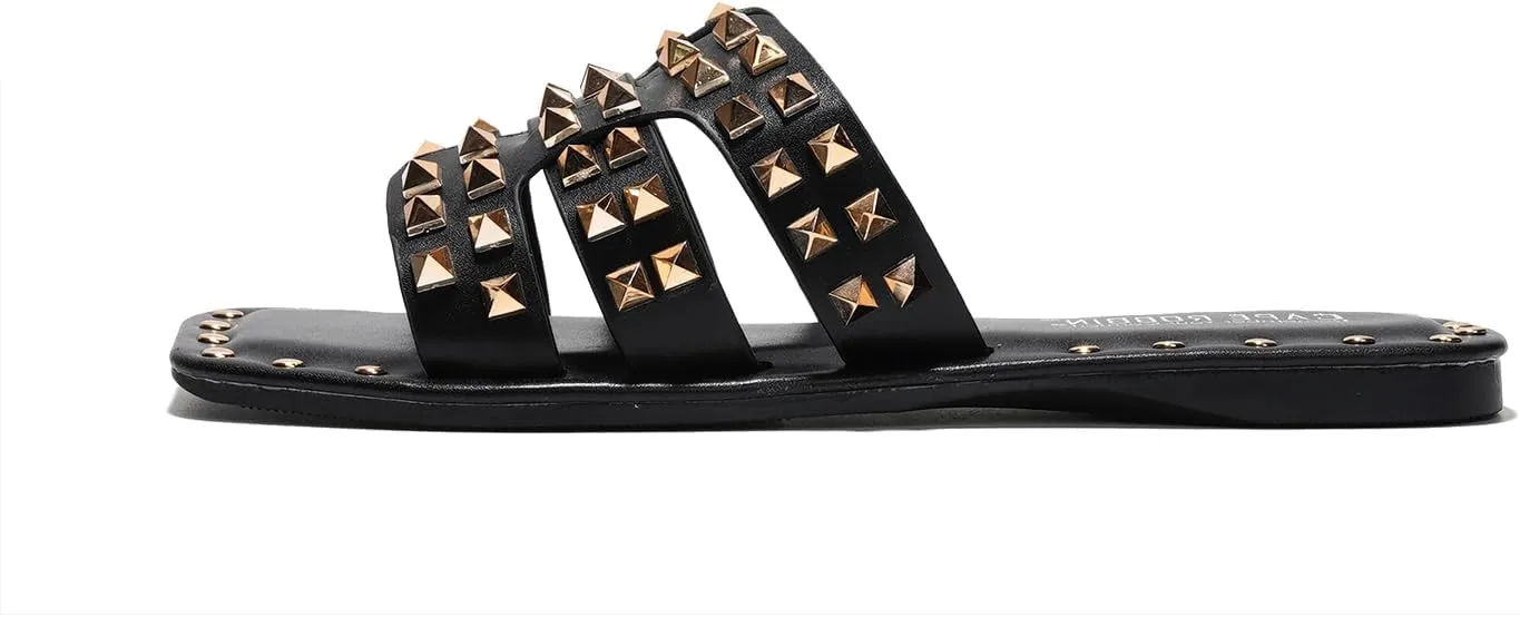 Women's Slide Sandals with Gold Spike Studded Design - Open-Toe Summer Slides for Women, Slip-On Comfortable Sandals for Casual Beach, Pool, or Outfits | Lightweight Trendy Footwear (Amisha)