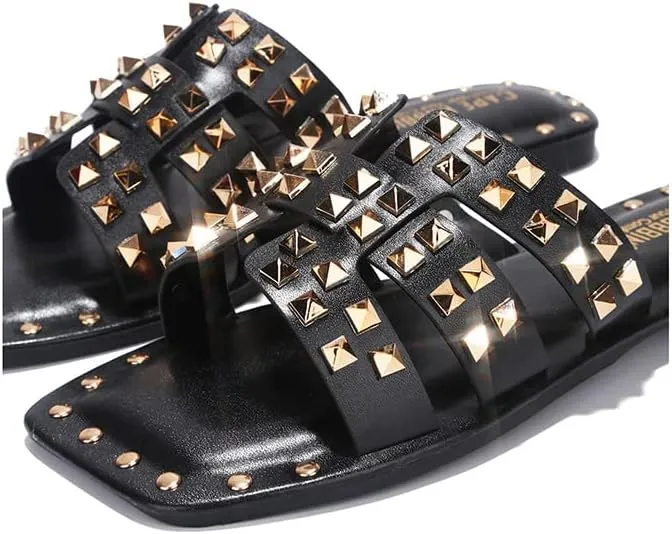 Women's Slide Sandals with Gold Spike Studded Design - Open-Toe Summer Slides for Women, Slip-On Comfortable Sandals for Casual Beach, Pool, or Outfits | Lightweight Trendy Footwear (Amisha)
