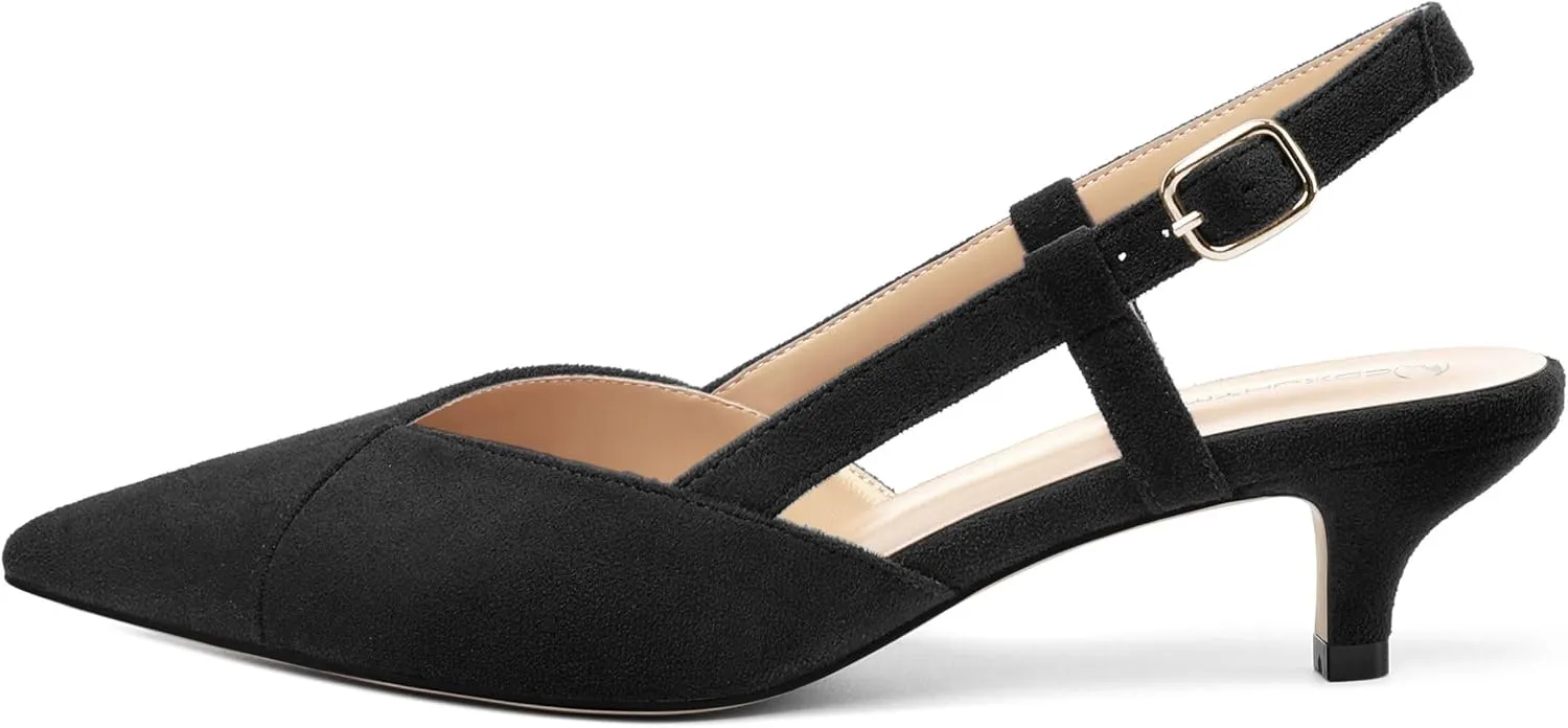 Womens Slingbacks Pumps Low Kitten Heel Pointed Toe Sandals Buckle Dress Shoes for Party Office Wedding 1.5 Inch