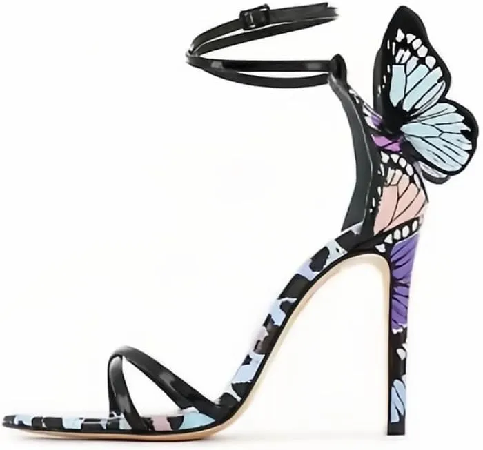 Women's Strappy Ankle Strap Stiletto High Heels with Butterflies Round Open Toe Colorful Leopard Print Prom Sandals Banquet