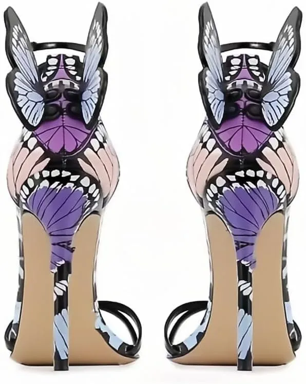 Women's Strappy Ankle Strap Stiletto High Heels with Butterflies Round Open Toe Colorful Leopard Print Prom Sandals Banquet