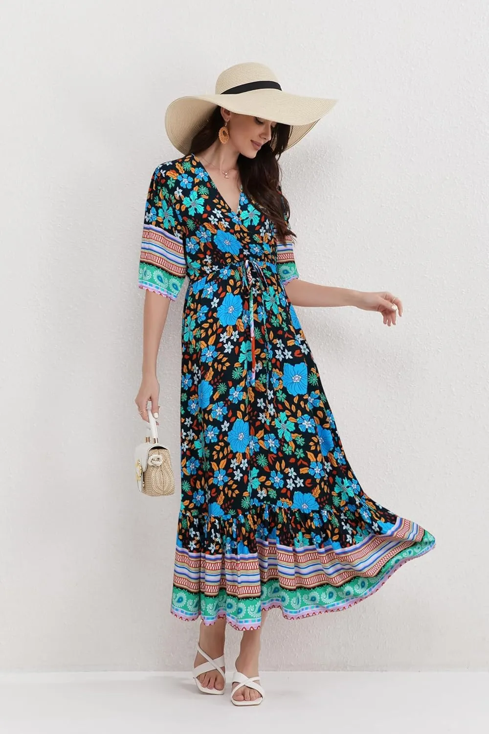 Women’s V Neck Short Sleeves High Waist Floral Print Casual Bohemian Midi Dresses