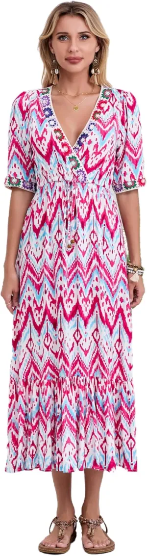 Women’s V Neck Short Sleeves High Waist Floral Print Casual Bohemian Midi Dresses