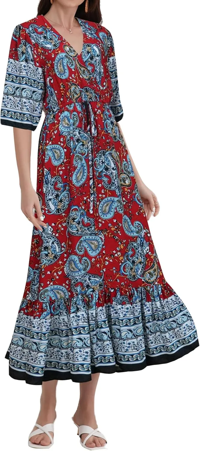 Women’s V Neck Short Sleeves High Waist Floral Print Casual Bohemian Midi Dresses