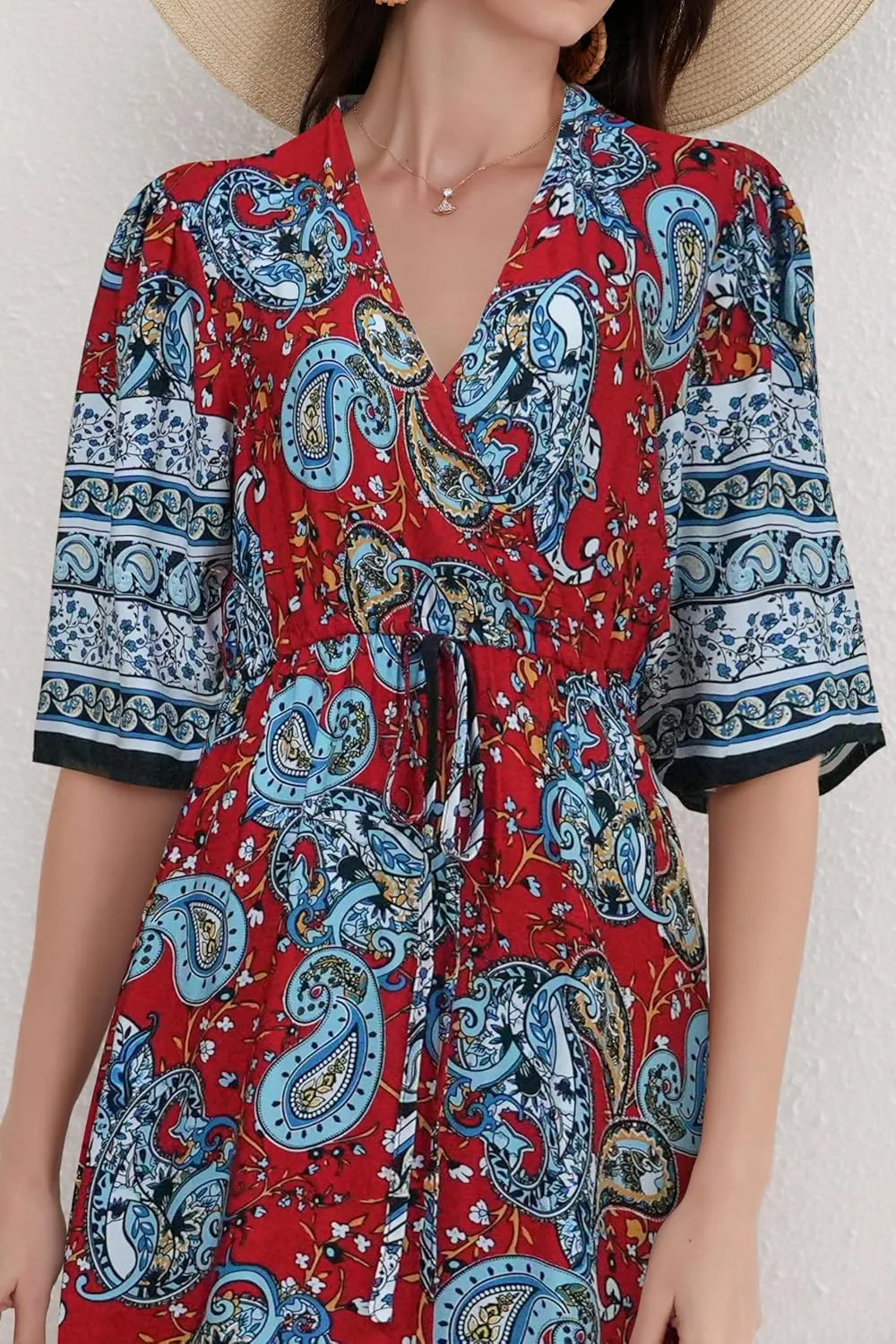 Women’s V Neck Short Sleeves High Waist Floral Print Casual Bohemian Midi Dresses