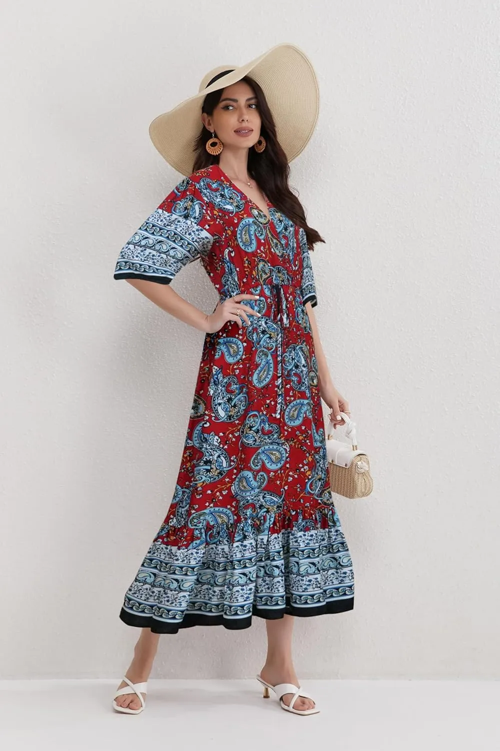 Women’s V Neck Short Sleeves High Waist Floral Print Casual Bohemian Midi Dresses