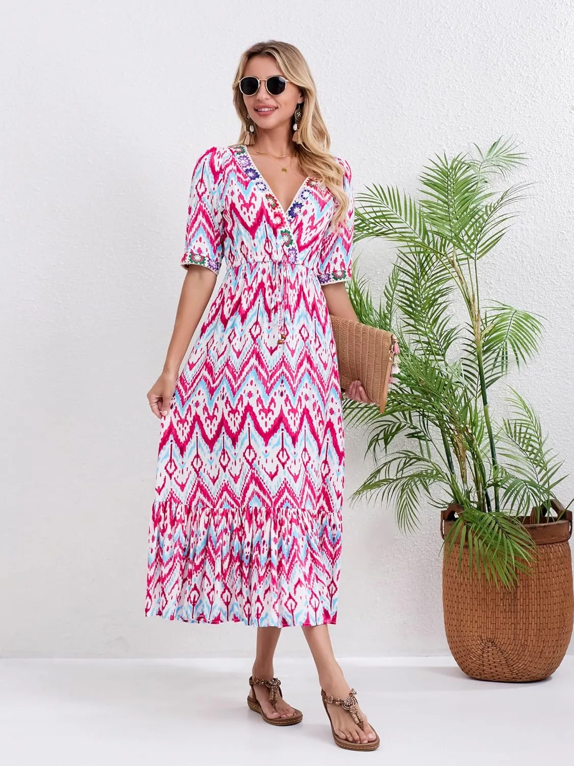 Women’s V Neck Short Sleeves High Waist Floral Print Casual Bohemian Midi Dresses
