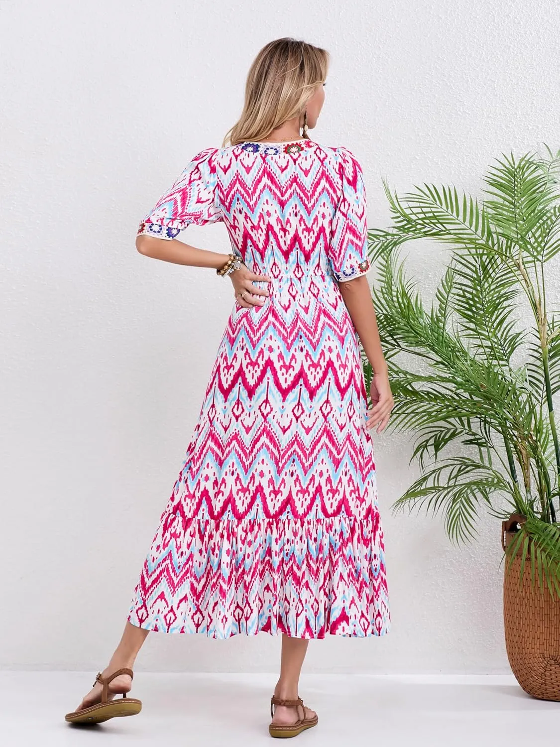 Women’s V Neck Short Sleeves High Waist Floral Print Casual Bohemian Midi Dresses