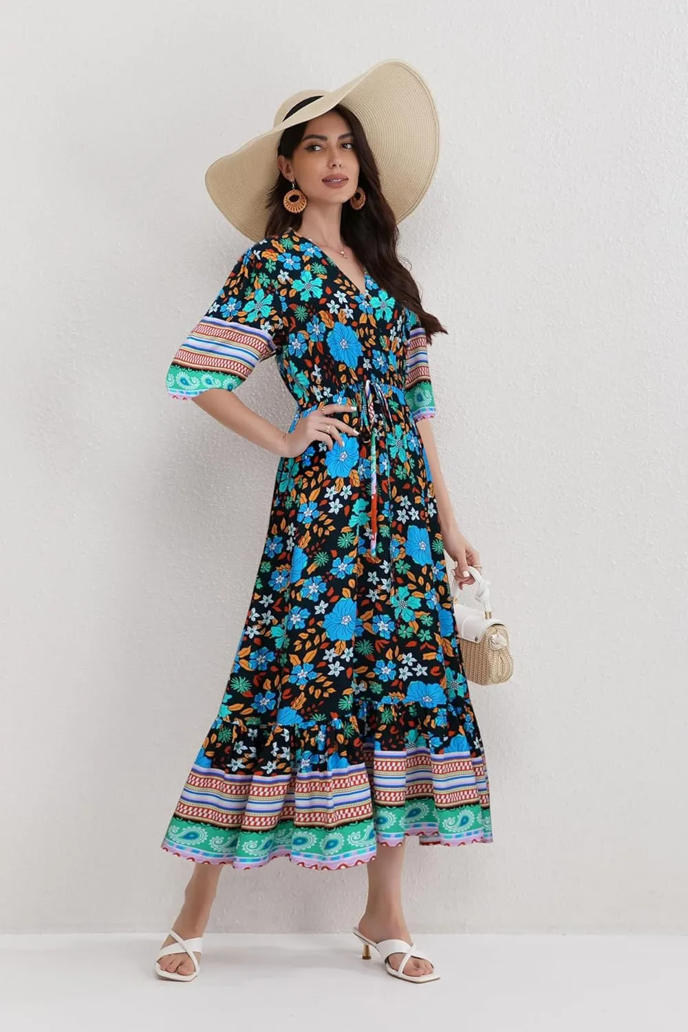 Women’s V Neck Short Sleeves High Waist Floral Print Casual Bohemian Midi Dresses