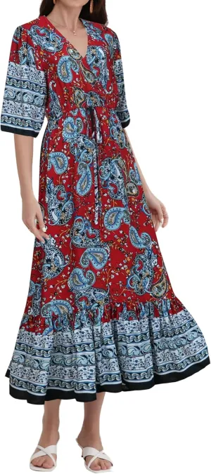 Women’s V Neck Short Sleeves High Waist Floral Print Casual Bohemian Midi Dresses