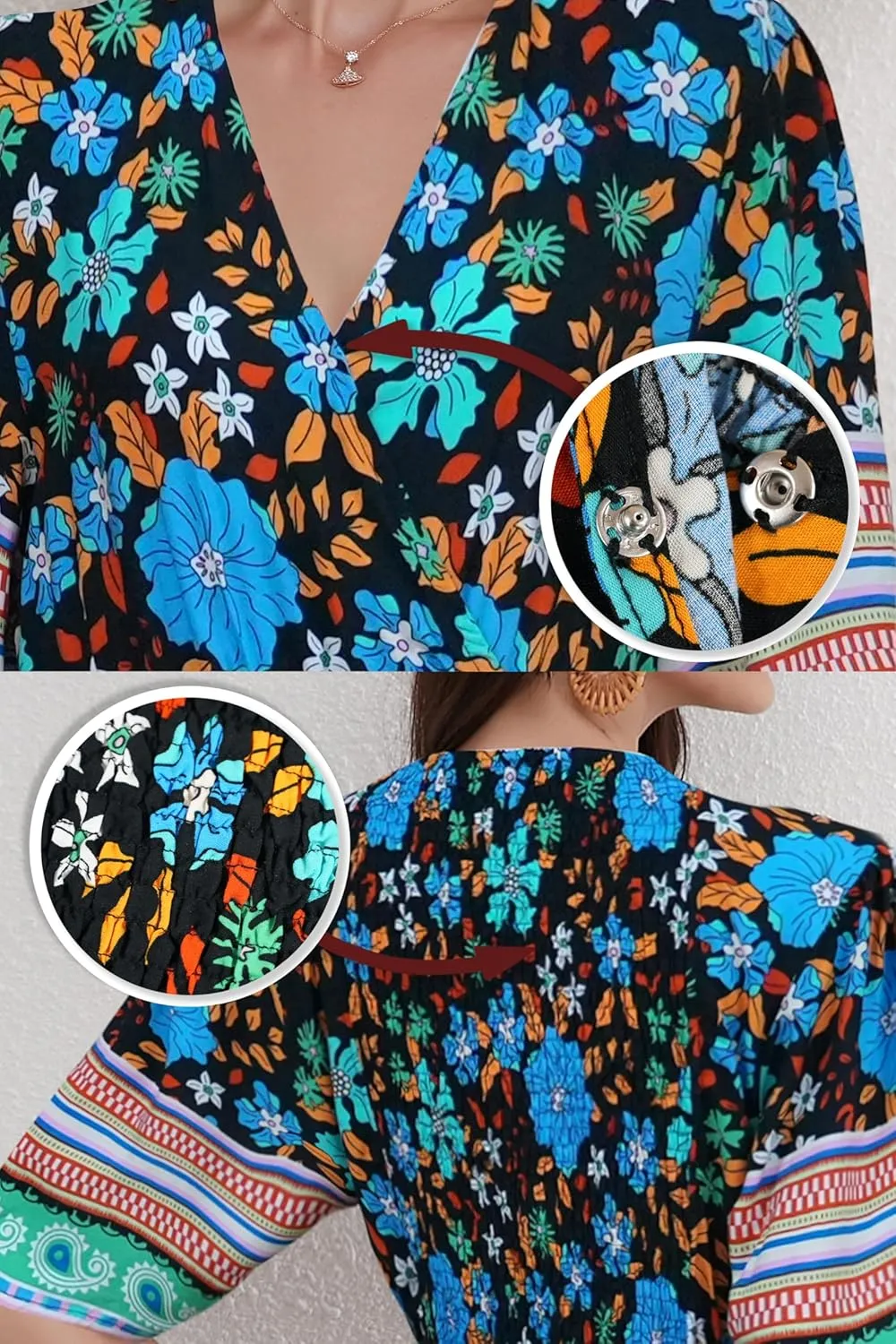Women’s V Neck Short Sleeves High Waist Floral Print Casual Bohemian Midi Dresses