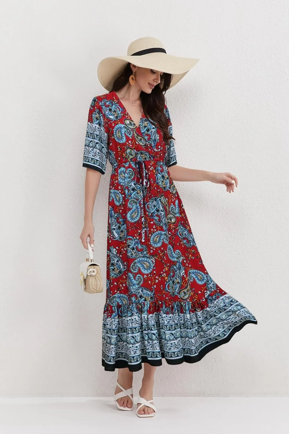 Women’s V Neck Short Sleeves High Waist Floral Print Casual Bohemian Midi Dresses