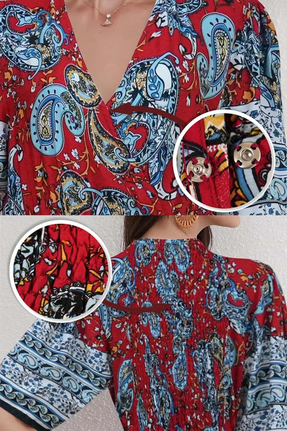 Women’s V Neck Short Sleeves High Waist Floral Print Casual Bohemian Midi Dresses