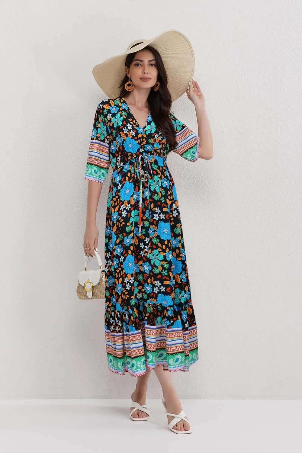 Women’s V Neck Short Sleeves High Waist Floral Print Casual Bohemian Midi Dresses