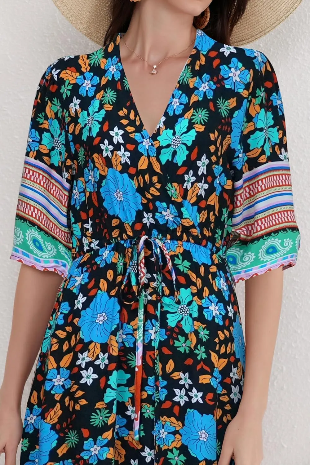 Women’s V Neck Short Sleeves High Waist Floral Print Casual Bohemian Midi Dresses