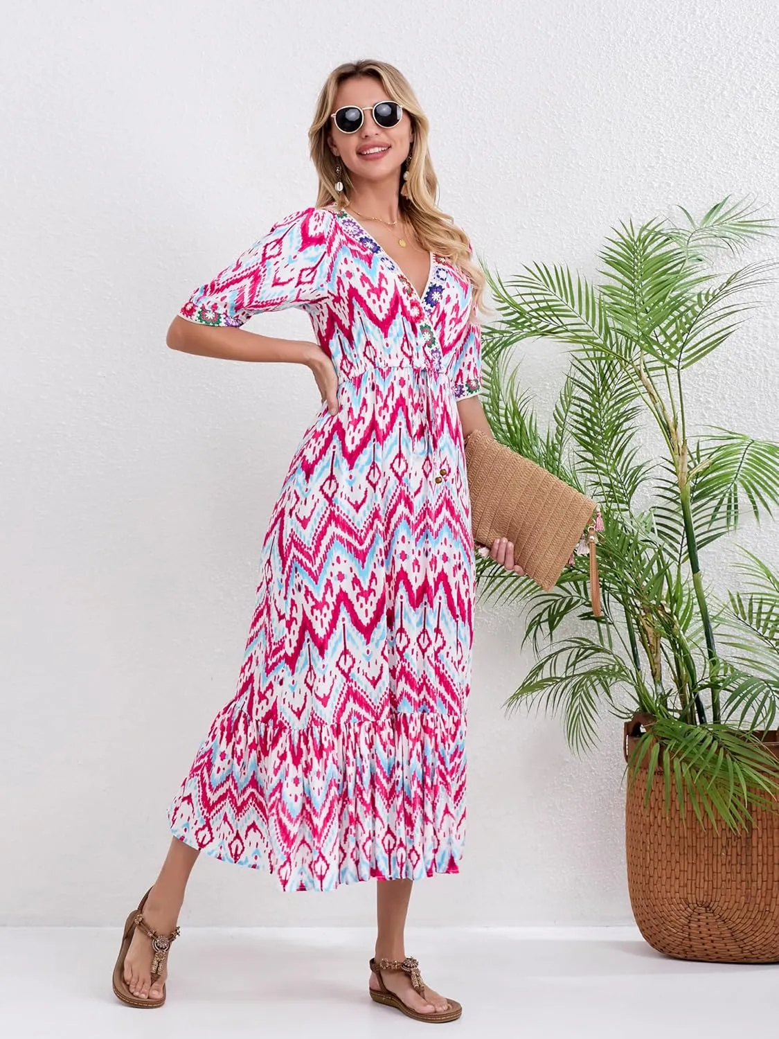 Women’s V Neck Short Sleeves High Waist Floral Print Casual Bohemian Midi Dresses