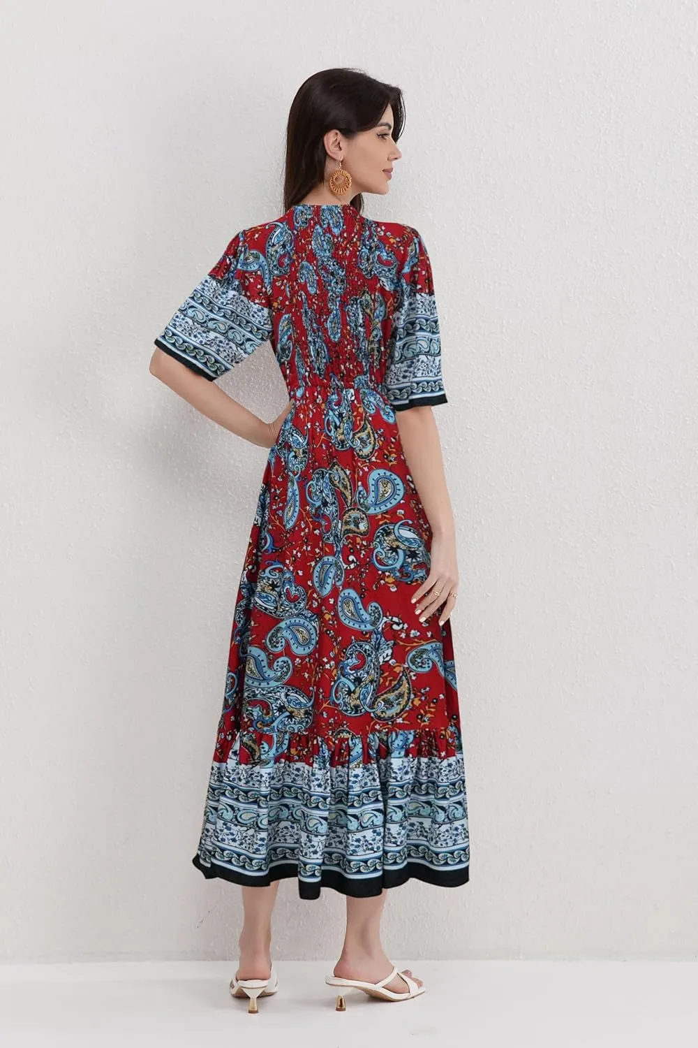 Women’s V Neck Short Sleeves High Waist Floral Print Casual Bohemian Midi Dresses