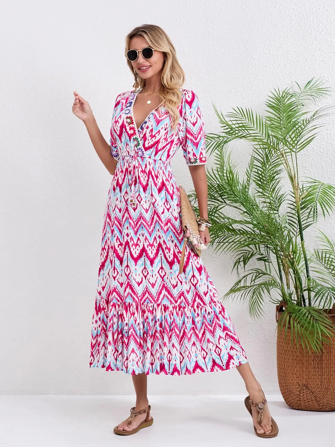 Women’s V Neck Short Sleeves High Waist Floral Print Casual Bohemian Midi Dresses