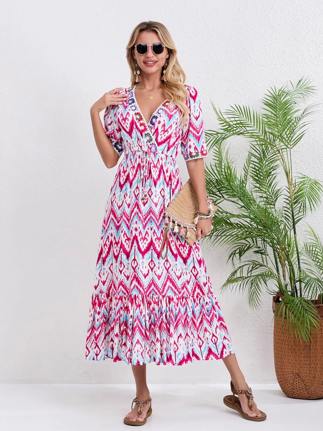 Women’s V Neck Short Sleeves High Waist Floral Print Casual Bohemian Midi Dresses