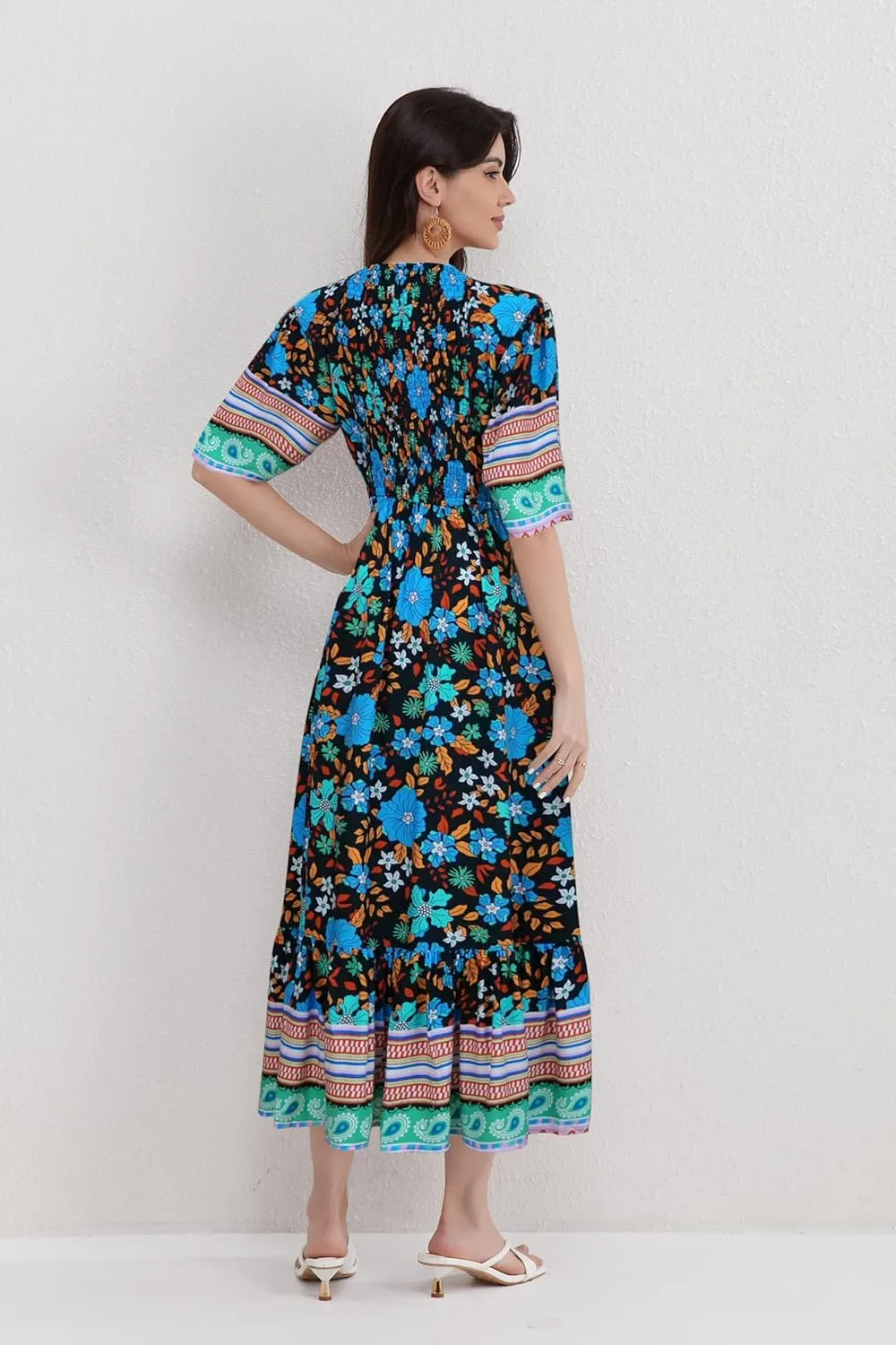 Women’s V Neck Short Sleeves High Waist Floral Print Casual Bohemian Midi Dresses