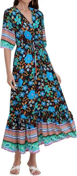Women’s V Neck Short Sleeves High Waist Floral Print Casual Bohemian Midi Dresses