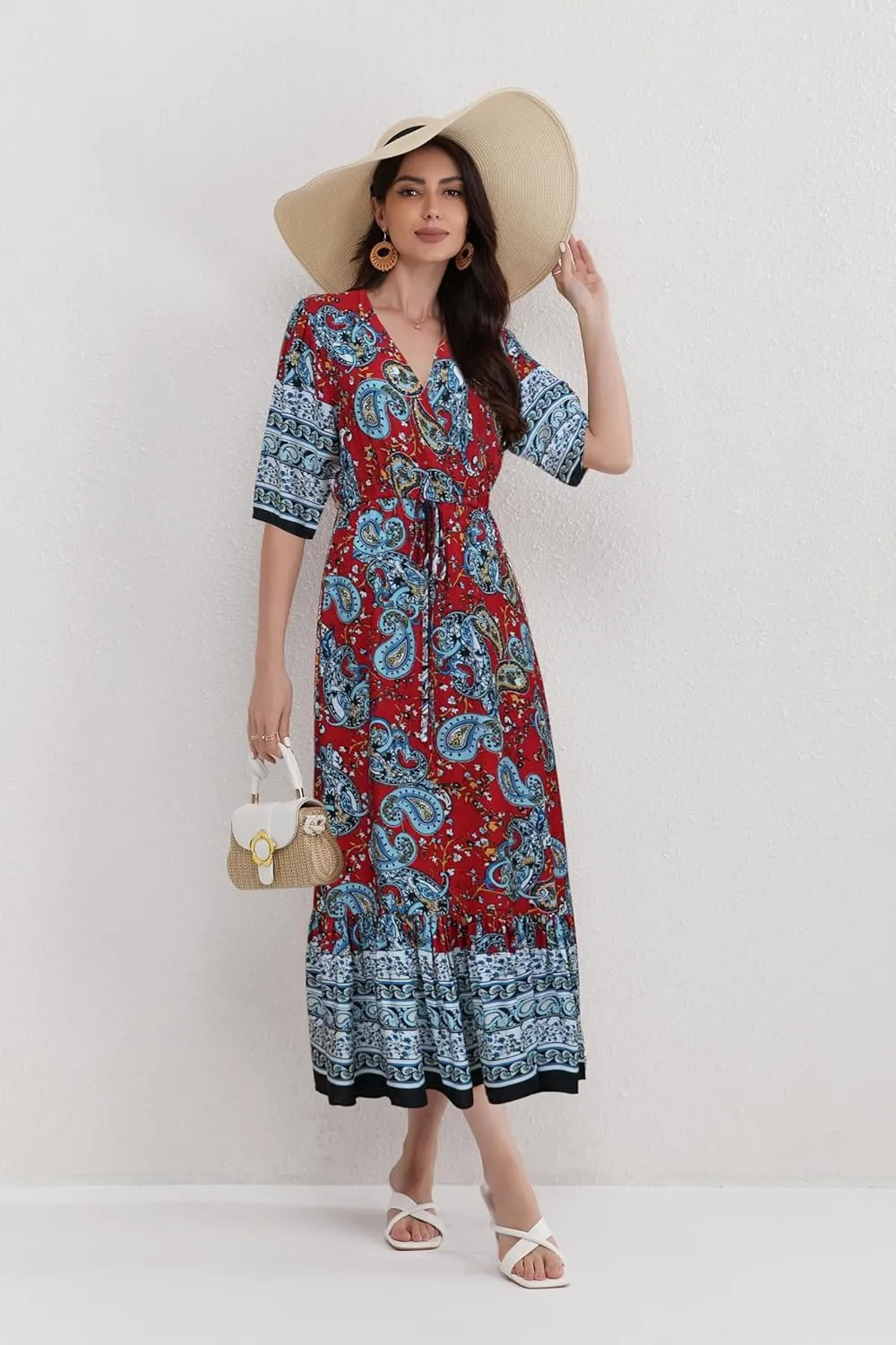 Women’s V Neck Short Sleeves High Waist Floral Print Casual Bohemian Midi Dresses