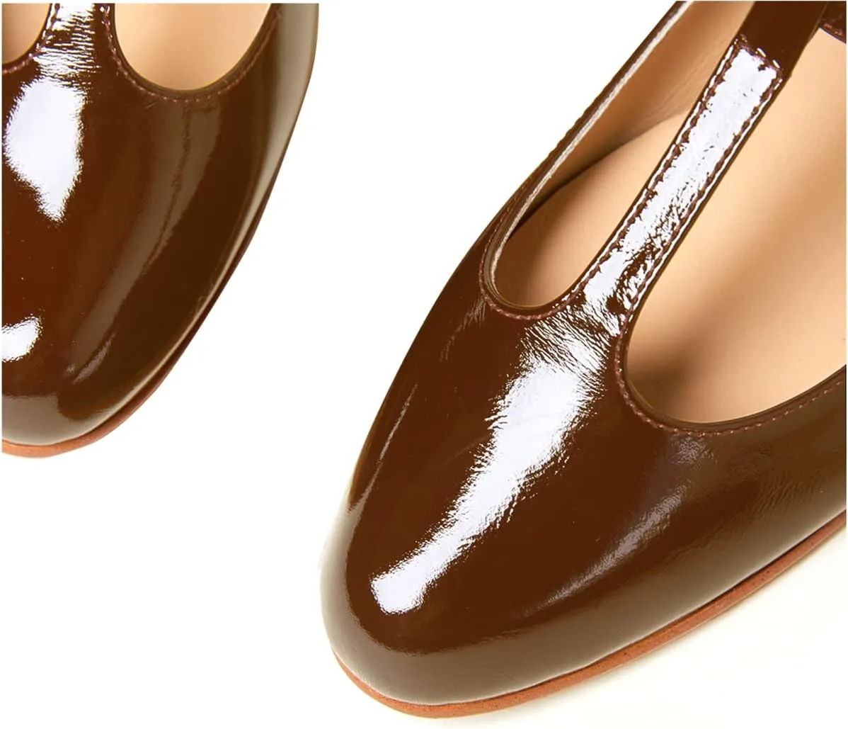 Women's Vintage Patent Leather Round Toe Cutout T-Strap Dress Flats Shoes Comfortable Causal Closed Toe Slip On Mary Jane Flats Pumps