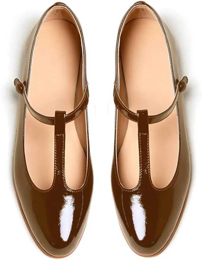Women's Vintage Patent Leather Round Toe Cutout T-Strap Dress Flats Shoes Comfortable Causal Closed Toe Slip On Mary Jane Flats Pumps