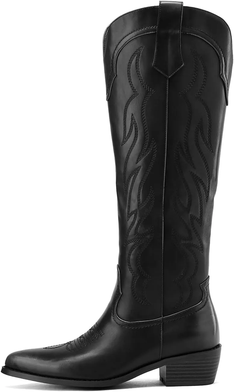 Women's Western Cowboy Boots Knee High - Embroidered Pointed Toe Chunky Heel Equestrian boots for Riding, Country Fashion (Black, Wide Calf)