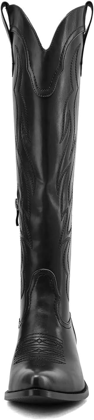 Women's Western Cowboy Boots Knee High - Embroidered Pointed Toe Chunky Heel Equestrian boots for Riding, Country Fashion (Black, Wide Calf)