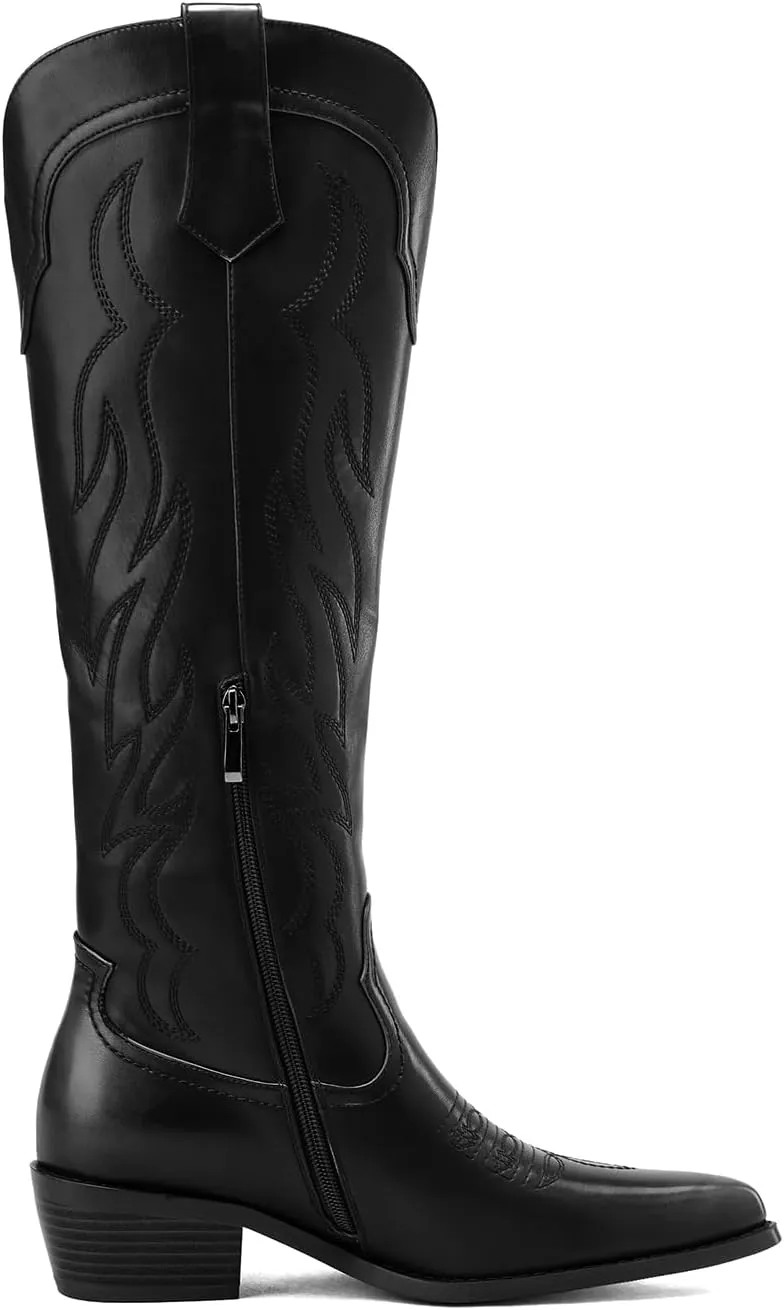 Women's Western Cowboy Boots Knee High - Embroidered Pointed Toe Chunky Heel Equestrian boots for Riding, Country Fashion (Black, Wide Calf)
