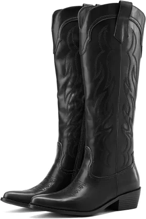 Women's Western Cowboy Boots Knee High - Embroidered Pointed Toe Chunky Heel Equestrian boots for Riding, Country Fashion (Black, Wide Calf)