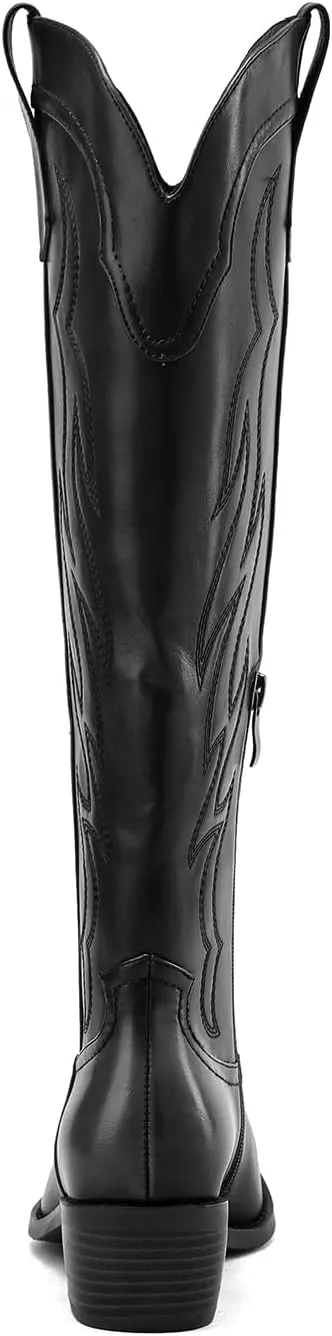 Women's Western Cowboy Boots Knee High - Embroidered Pointed Toe Chunky Heel Equestrian boots for Riding, Country Fashion (Black, Wide Calf)