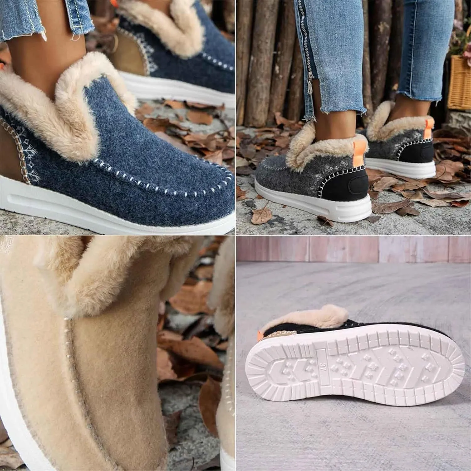 Women's Winter Plush Lined Flat Shoes, Cozy Furry Slip-On Sneakers Warm Plush Lined, Casual Warm Snow Boots for Women (Black,37)