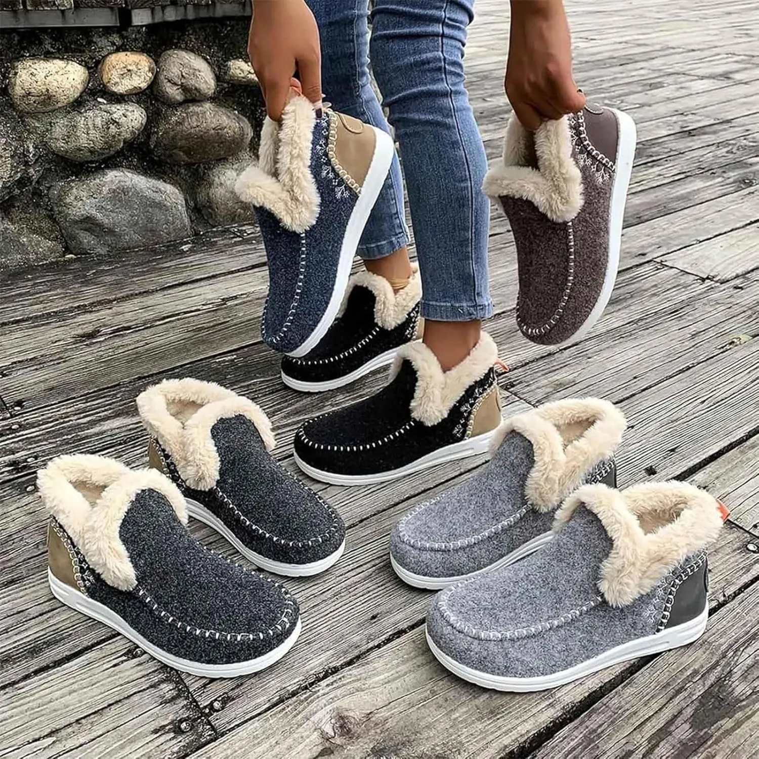Women's Winter Plush Lined Flat Shoes, Cozy Furry Slip-On Sneakers Warm Plush Lined, Casual Warm Snow Boots for Women (Black,37)