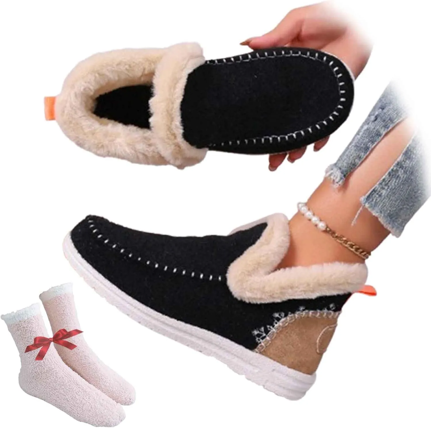 Women's Winter Plush Lined Flat Shoes, Cozy Furry Slip-On Sneakers Warm Plush Lined, Casual Warm Snow Boots for Women (Black,37)