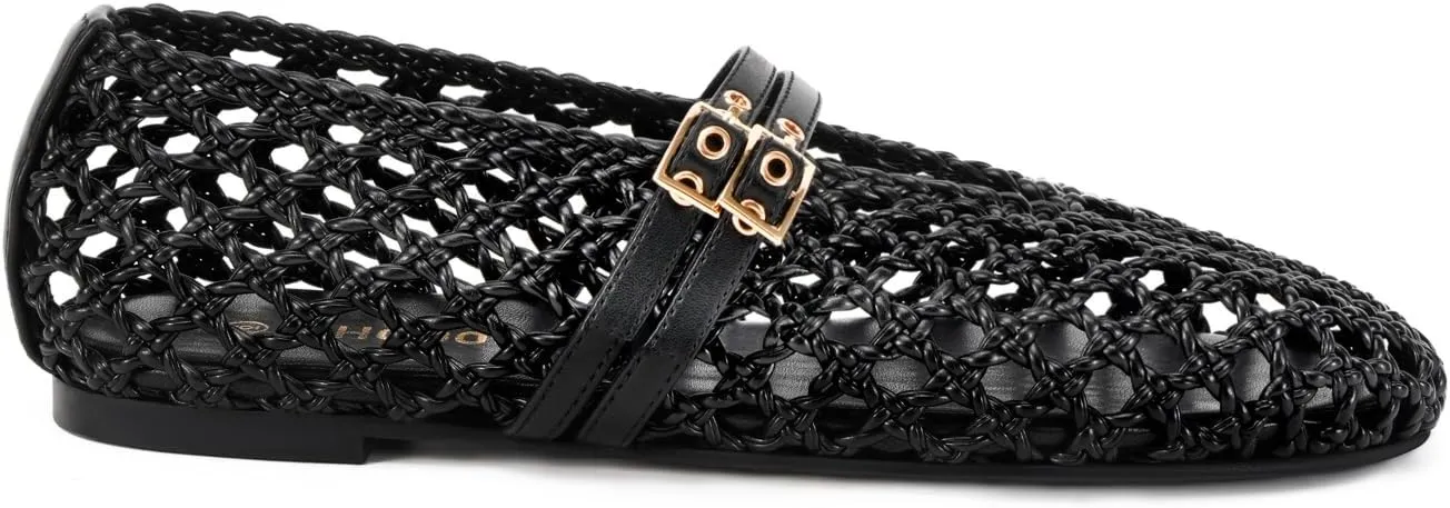 Women's Woven Mary Jane Flats - Mesh Ballet Flats with Adjustable Double Metal Buckle Strap and Round Toe