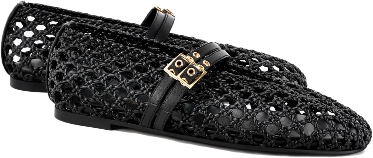 Women's Woven Mary Jane Flats - Mesh Ballet Flats with Adjustable Double Metal Buckle Strap and Round Toe