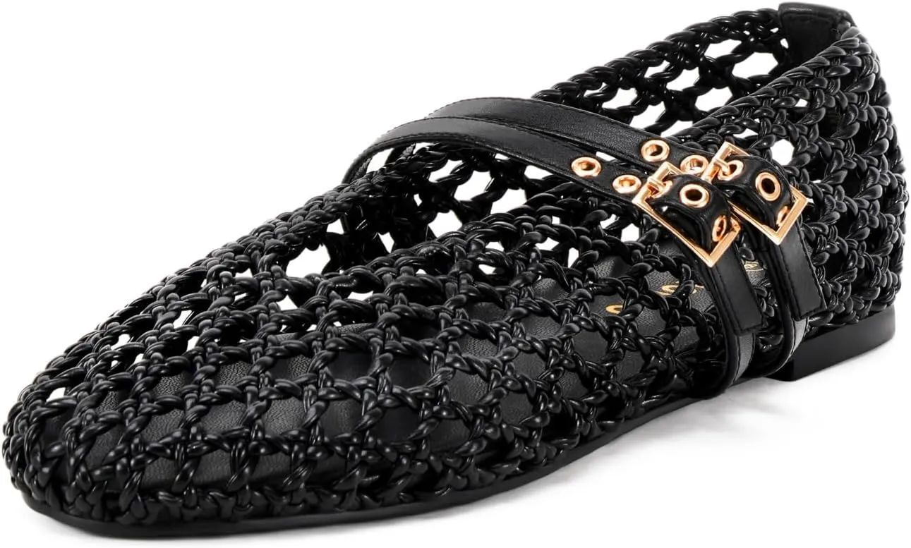 Women's Woven Mary Jane Flats - Mesh Ballet Flats with Adjustable Double Metal Buckle Strap and Round Toe