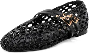 Women's Woven Mary Jane Flats - Mesh Ballet Flats with Adjustable Double Metal Buckle Strap and Round Toe