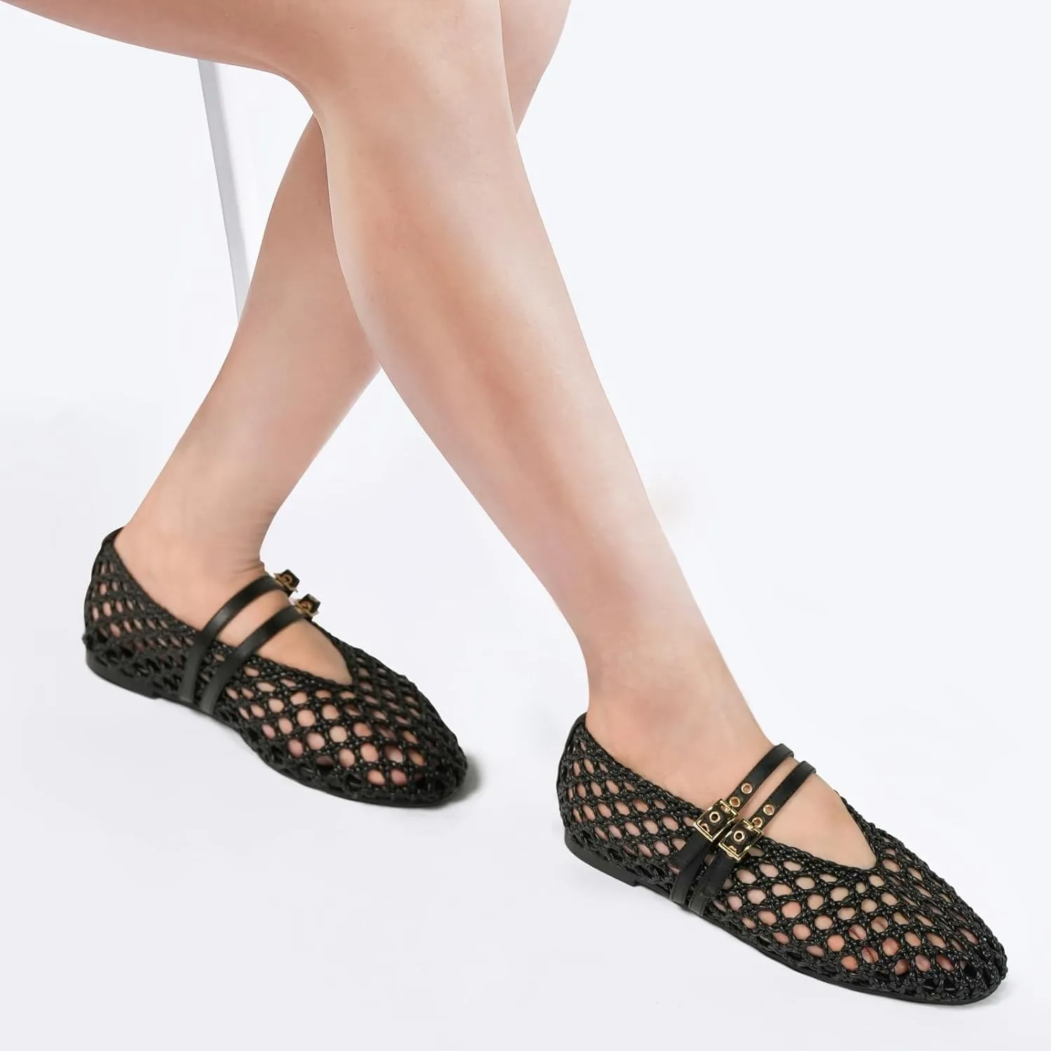 Women's Woven Mary Jane Flats - Mesh Ballet Flats with Adjustable Double Metal Buckle Strap and Round Toe
