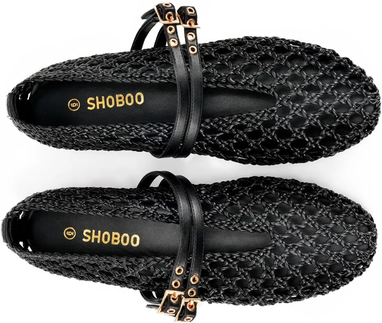 Women's Woven Mary Jane Flats - Mesh Ballet Flats with Adjustable Double Metal Buckle Strap and Round Toe