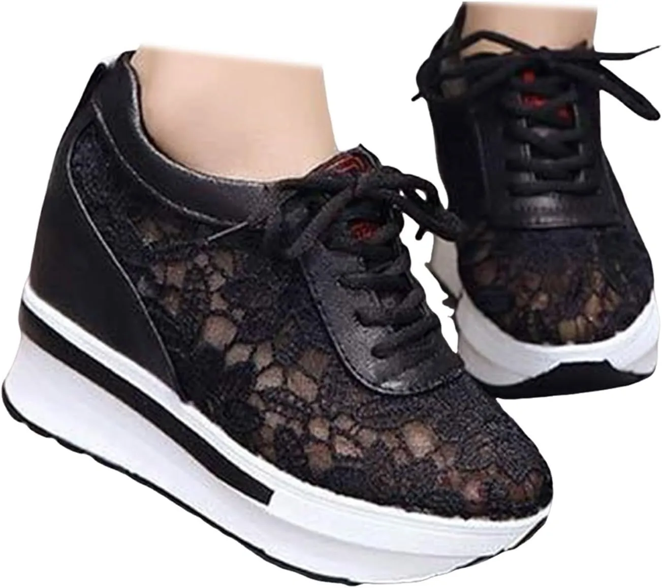 Womenyiaor Platform Hidden Heel Sneaker for Women, Women's Platform Wedge Sneakers Dressy Lace Up Shoes High Heeld High Top Sneakers Fashion Hidden Wedge Tennis Shoes Casual Canvas Shoes