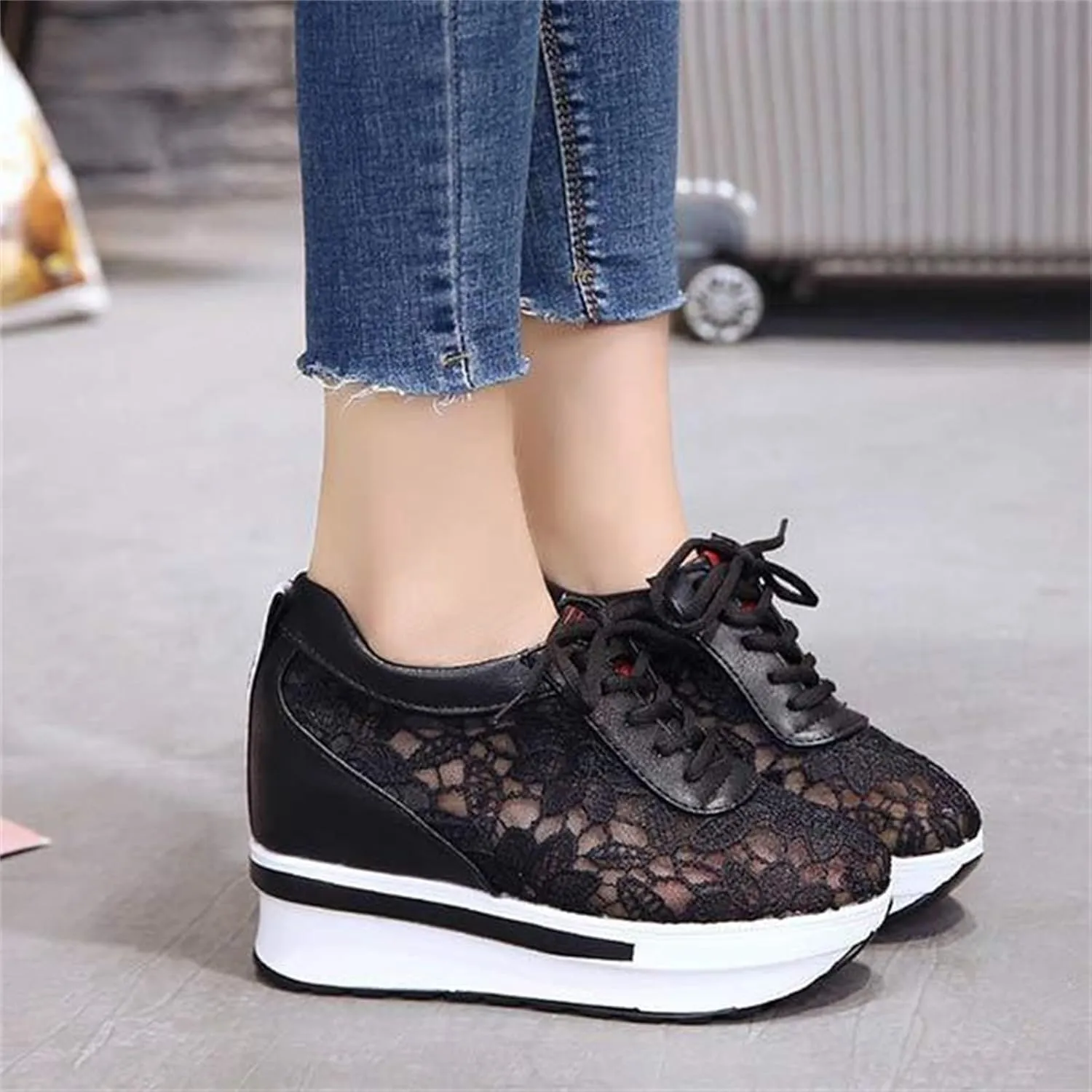 Womenyiaor Platform Hidden Heel Sneaker for Women, Women's Platform Wedge Sneakers Dressy Lace Up Shoes High Heeld High Top Sneakers Fashion Hidden Wedge Tennis Shoes Casual Canvas Shoes