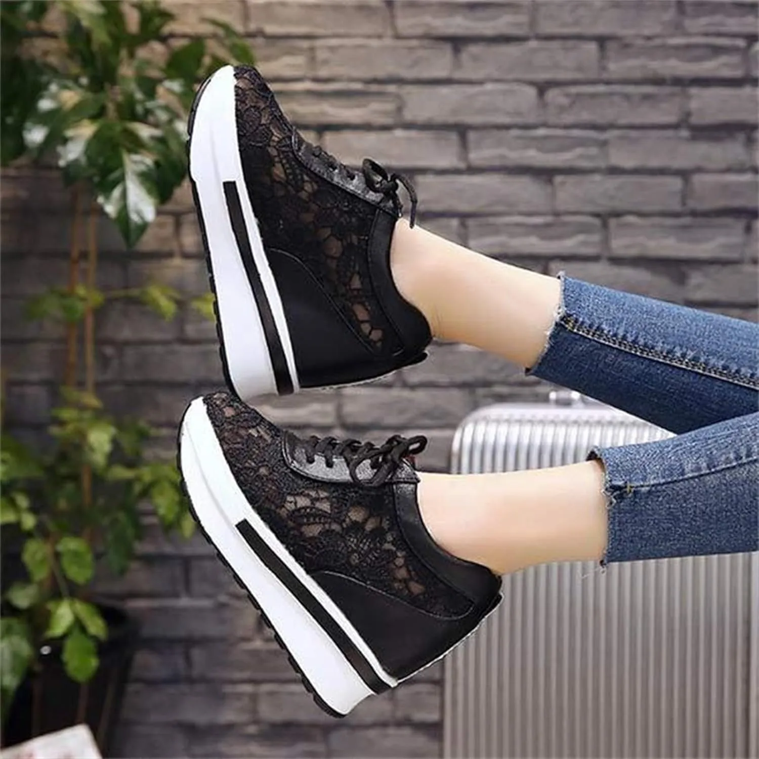 Womenyiaor Platform Hidden Heel Sneaker for Women, Women's Platform Wedge Sneakers Dressy Lace Up Shoes High Heeld High Top Sneakers Fashion Hidden Wedge Tennis Shoes Casual Canvas Shoes